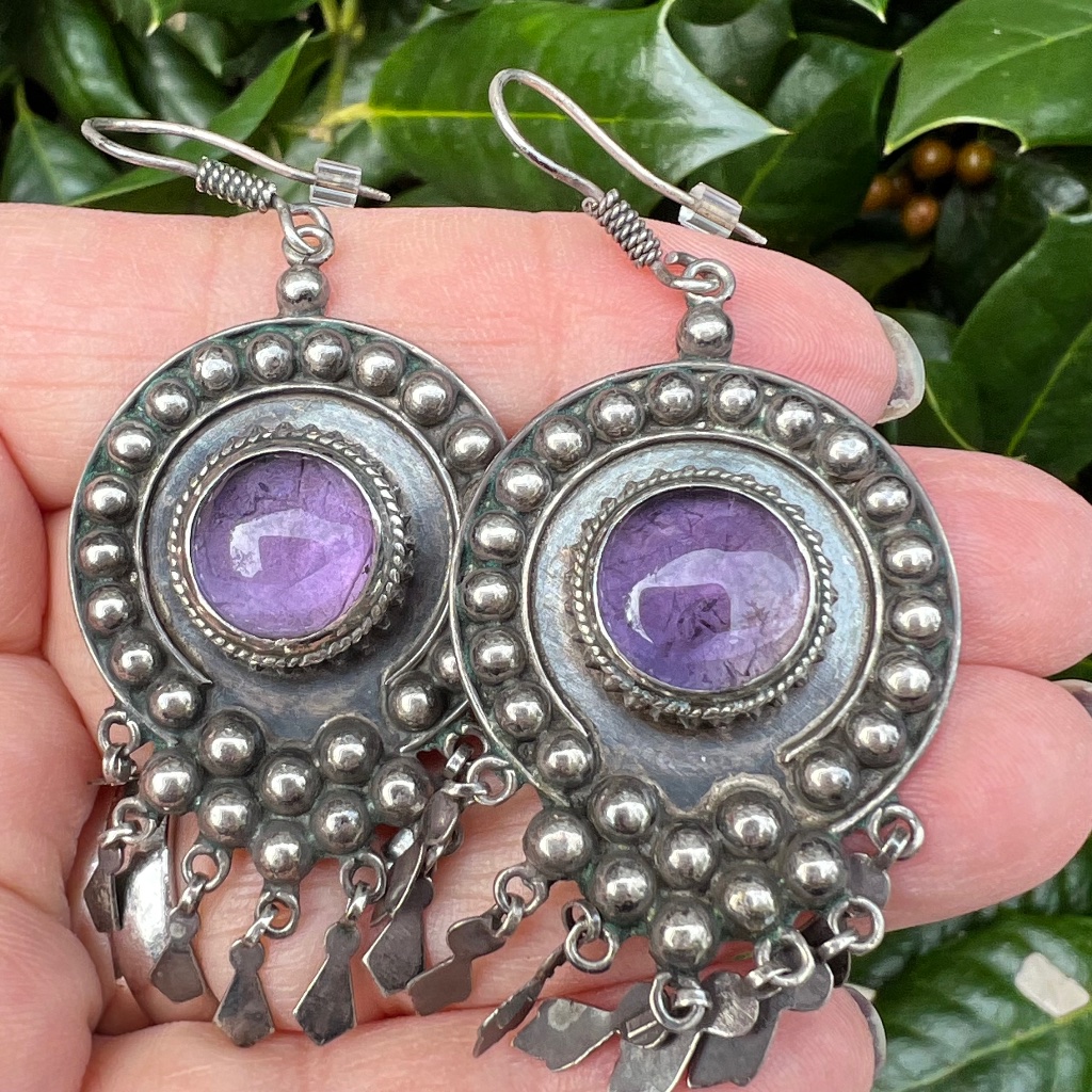 Vintage Oversized Amethyst Cabochon Dangle Drop Statement Earrings 925 Sterling